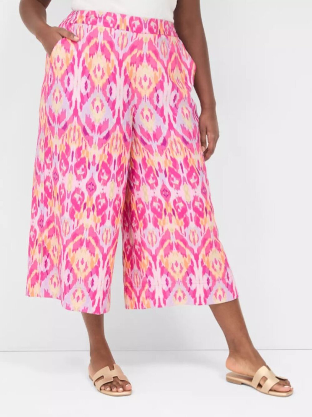 Lane Bryant On The Go High Rise Cropped Pants Wide Leg Ikat Boho Chic Pink - 16
